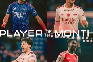 阿森纳官方10月最佳球员候选：赖斯、萨卡、加布里埃尔、廷伯